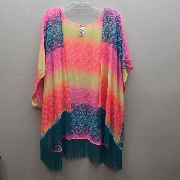 OP Ocean Pacific Geometric Fringed Hem Beach Cover Up Multicolor Size L 11-13 - Picture 1 of 5